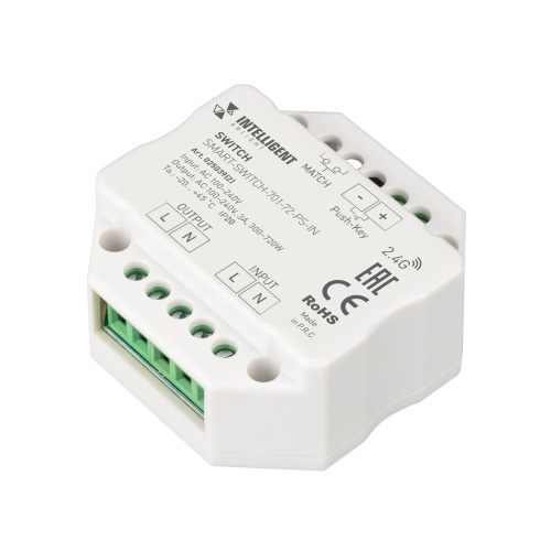 INTELLIGENT ARLIGHT Релейный модуль SMART-SWITCH-701-72-PS-IN (230V, 1x3A, 2.4G) (IARL, IP20 Пластик, 5 лет)