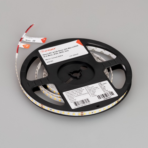 Лента RT-A128-8mm 24V Warm3500 (9.6 W/m, IP20, 2835, 5m) (Arlight, высок.эфф.150 лм/Вт)