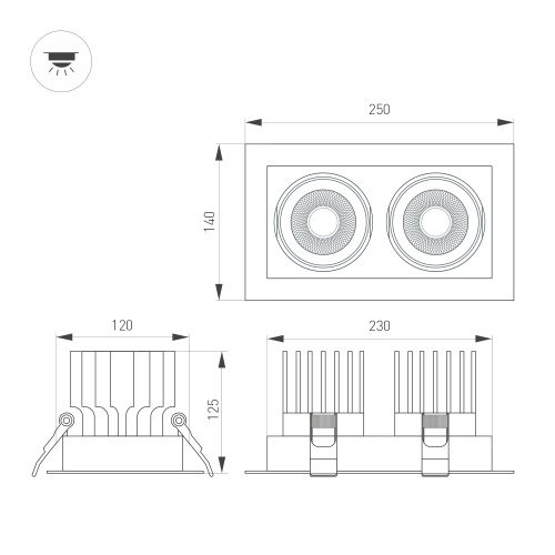 Светильник MS-VORTEX-BUILT-S250x140-2x30W Warm3000 (BK-BK, 30 deg, 230V) (Arlight, IP20 Металл, 5 лет)