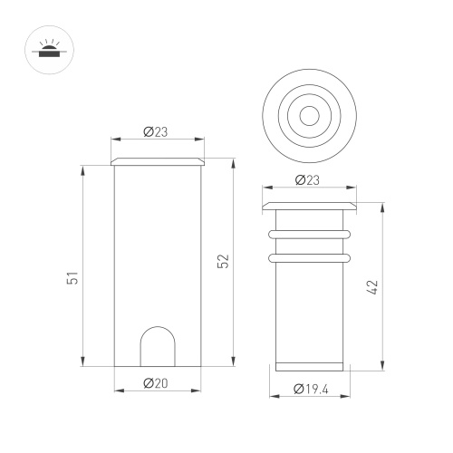 Светильник ART-PELURU-GROUND-R23-1W Warm3000 (SL, 100 deg, 24V) (Arlight, IP67 Металл, 3 года)