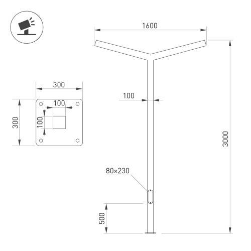 Опора-светильник OXOR-STER-Y-2000x100x100-L3000-50W Warm3000 (BK, 230V) IP65 (Arlight, -)