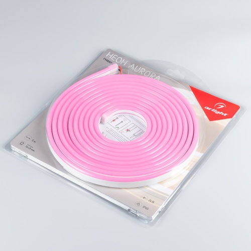 Лента герметичная AURORA-PS-A120-16x8mm 24V Pink (10 W/m, IP65, 2835, 5m) (Arlight, Силикон, 2 года)