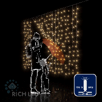 Светодиодный занавес Rich LED 2*1.5 м облегченный, влагозащитный колпачок, мерцание, теплый белый, прозрачный провод,