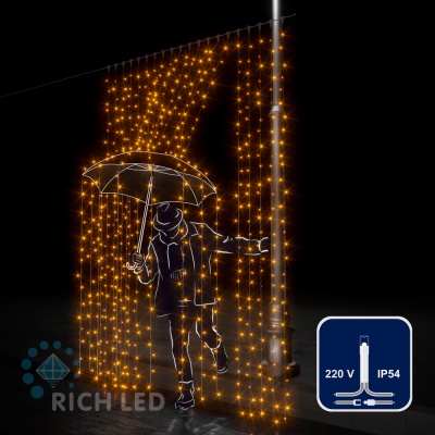 Светодиодный занавес (дождь) Rich LED 2*3 м, желтый, прозрачный провод,