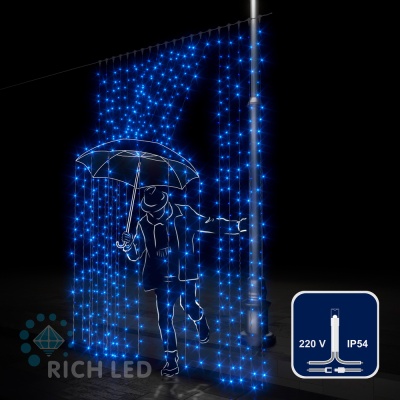 Светодиодный занавес (дождь) Rich LED 2*3 м, синий, прозрачный провод,