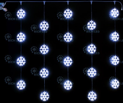 Светодиодный узорный занавес снежинки Rich LED, размер 2*2 м, синий, прозрачный провод, 20 снежинок, соединяемый, 220 В.