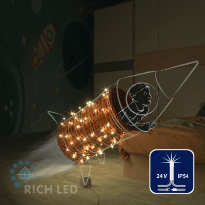 Светодиодная гирлянда Rich LED 10 м, 100 LED, 24 В, защита IP54, соединяемая, теплая белая, мерцающая, прозрачный провод