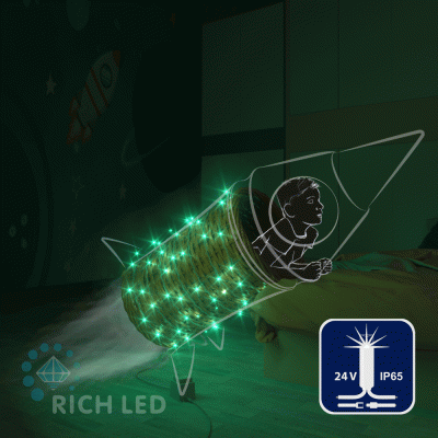 Светодиодная гирлянда Rich LED 10 м, 100 LED, 24В, соединяемая, влагозащитный колпачок, зеленая, мерцающая, белый провод,