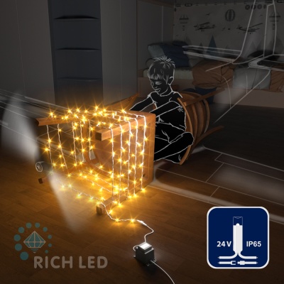 Светодиодная гирлянда Rich LED 10 м, 100 LED, 24В, соединяемая, влагозащитный колпачок, желтая, белый провод,