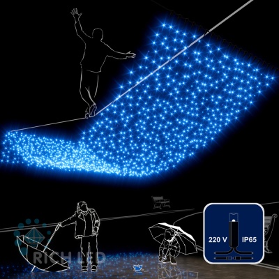 Светодиодный занавес (дождь) Rich LED 2*6 м, влагозащитный колпачок, синий, черный провод,