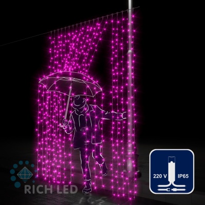 Светодиодный занавес (дождь) Rich LED 2*3 м, влагозащитный колпачок, розовый, белый провод,