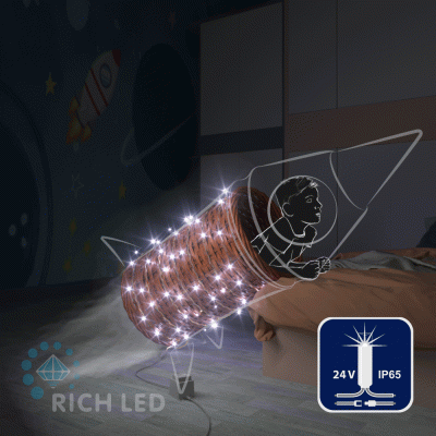 Светодиодная гирлянда Rich LED 10 м, 100 LED, 24В, соединяемая, влагозащитный колпачок, белая, мерцающая, прозрачный провод,
