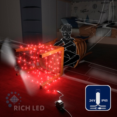 Светодиодная гирлянда Rich LED 10 м, 100 LED, 24В, соединяемая, влагозащитный колпачок, красная, прозрачный провод,