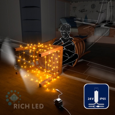 Светодиодная гирлянда Rich LED 10 м, 100 LED, 24В, соединяемая, влагозащитный колпачок, желтая, прозрачный провод,