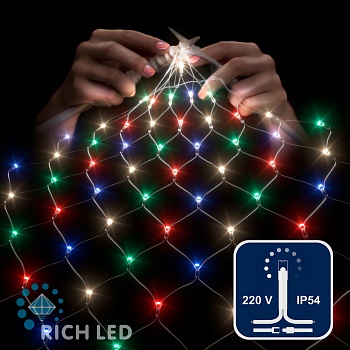 Светодиодная сетка Rich LED 2*1.5 м, сине-белая,192 LED, 220 B, прозрачный провод.