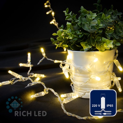 Светодиодная гирлянда Rich LED 7 м, 72 LED, 220 В, не соединяемая, влагозащитный колпачок, тепло белая, прозрачный провод,