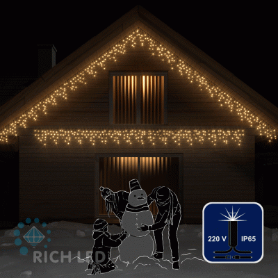 Светодиодная бахрома Rich LED, 3*0.5 м, теплая белая, мерцающая, черный резиновый провод,