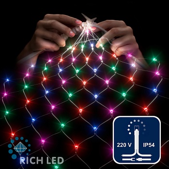 Светодиодная сетка Rich LED 2*3 м, мульти (красный, зеленый, розовый, синий),384 LED, 220 B, прозрачный провод.