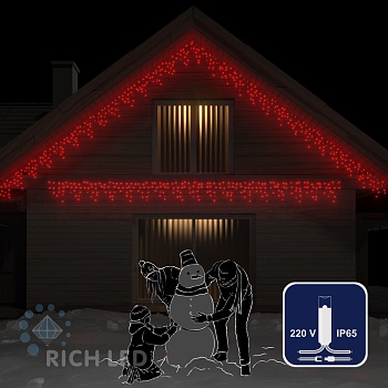 Светодиодная бахрома Rich LED, 3*0.5 м, влагозащитный колпачок, красная, прозрачный провод,