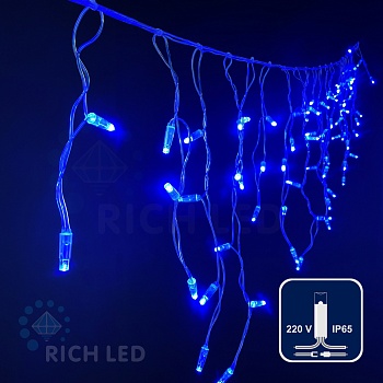 Светодиодная бахрома Rich LED, 3*0.5 м, влагозащитный колпачок, синяя, прозрачный провод,