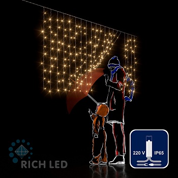 Светодиодный занавес (дождь) Rich LED 2*1 м облегченный, влагозащитный колпачок, тепло белый, прозрачный провод,