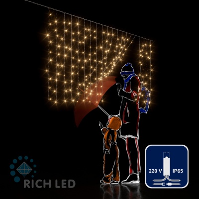Светодиодный занавес (дождь) Rich LED 2*1 м облегченный, влагозащитный колпачок, тепло белый, прозрачный провод,