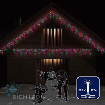 Светодиодная бахрома Rich LED, 3*0.5 м, мульти (крас., зелен., роз.), мерцающая, прозрачный провод