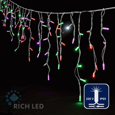 Светодиодная бахрома Rich LED, 3*0.5 м, влагозащитный колпачок, мерцающая, мульти (крас., зелен., розов.), белый провод,