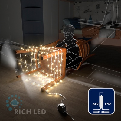 Светодиодная гирлянда Rich LED 10 м, 100 LED, 24В, соединяемая, влагозащитный колпачок, теплая белая, белый провод,