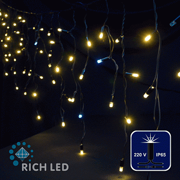 Светодиодная бахрома Rich LED, 3*0.5 м, влагозащитный колпачок IP65, мерцающая, тепло белая, черный провод,