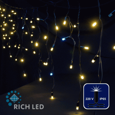 Светодиодная бахрома Rich LED, 3*0.5 м, влагозащитный колпачок IP65, мерцающая, тепло белая, черный провод,