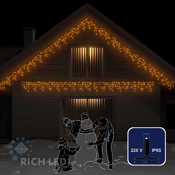 Светодиодная бахрома Rich LED, 3*0.5 м, влагозащитный колпачок IP65, желтая, черный провод,