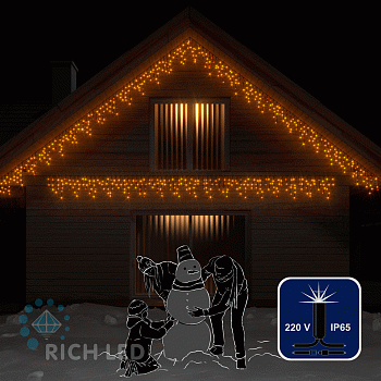 Светодиодная бахрома Rich LED, 3*0.5 м, влагозащитный колпачок IP65, мерцающая, желтая, черный провод,