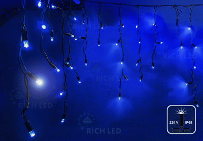 Светодиодная бахрома Rich LED, 3*0.5 м, влагозащитный колпачок IP65, мерцающая, синяя, черный провод,