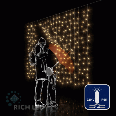 Светодиодный занавес Rich LED 2*1.5 м облегченный, влагозащитный колпачок, мерцание, теплый белый, прозрачный провод,