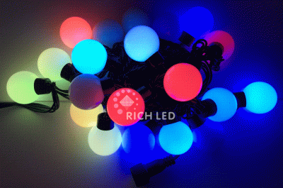 Светодиодная гирлянда большие шарики Rich LED 5 м, 20 шариков, 220 В, соединяемая, RGB, черный провод,