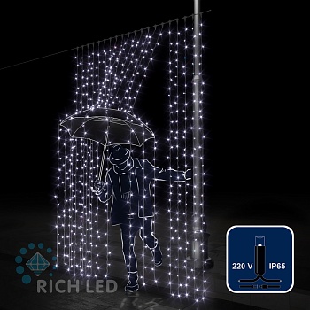 Светодиодный занавес (дождь) Rich LED 2*3 м, влагозащитный колпачок, белый, черный провод,