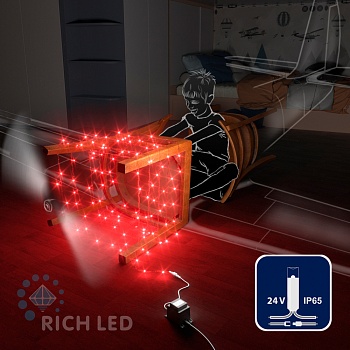 Светодиодная гирлянда Rich LED 10 м, 100 LED, 24В, соединяемая, влагозащитный колпачок, красная, прозрачный провод,