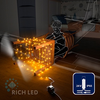 Светодиодная гирлянда Rich LED 10 м, 100 LED, 24В, соединяемая, влагозащитный колпачок, желтая, прозрачный провод,