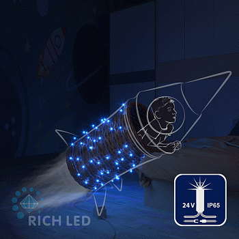 Светодиодная гирлянда Rich LED 10 м, 100 LED, 24В, соединяемая, влагозащитный колпачок, синяя, мерцающая, прозрачный провод,