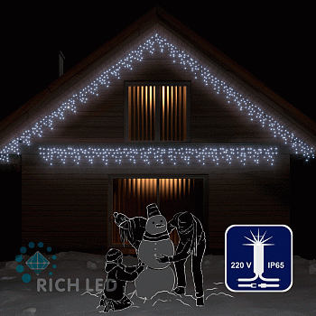 Светодиодная бахрома Rich LED, 3*0.5 м, влагозащитный колпачок IP65, мерцающая, белая, белый провод,