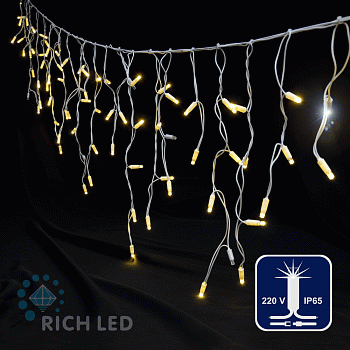 Светодиодная бахрома Rich LED, 3*0.5 м, влагозащитный колпачок, мерцающая, теплая белая, белый провод,