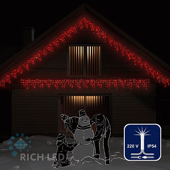 Светодиодная бахрома Rich LED, 3*0.5 м, красная, мерцающая, прозрачный провод,