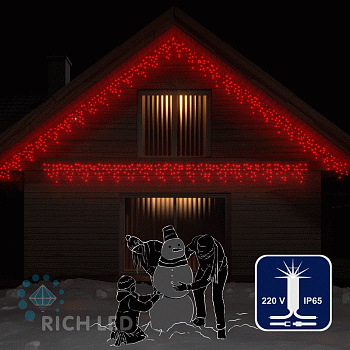 Светодиодная бахрома Rich LED, 3*0.5 м, влагозащитный колпачок, мерцающая, красная, белый провод,