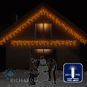 Светодиодная бахрома Rich LED, 3*0.5 м, влагозащитный колпачок, мерцающая, желтая, белый провод,