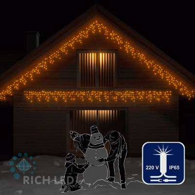 Светодиодная бахрома Rich LED, 3*0.5 м, влагозащитный колпачок, мерцающая, желтая, белый провод,