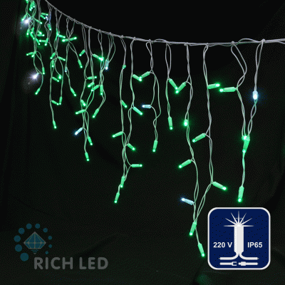 Светодиодная бахрома Rich LED, 3*0.5 м, влагозащитный колпачок, мерцающая, зеленая, белый провод.