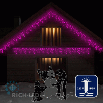 Светодиодная бахрома Rich LED, 3*0.5 м, влагозащитный колпачок, мерцающая, розовая, белый провод.