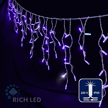 Светодиодная бахрома Rich LED, 3*0.5 м, влагозащитный колпачок, мерцающая, фиолетовая, белый провод.
