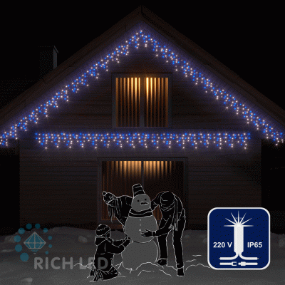 Светодиодная бахрома Rich LED, 3*0.5 м, влагозащитный колпачок, мерцающая, сине-белая, белый провод.